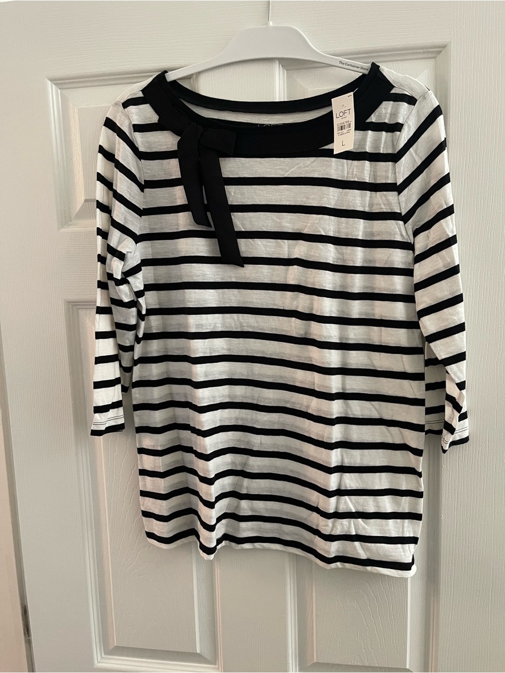 LOFT Black and White Striped Boatneck Top with Bow